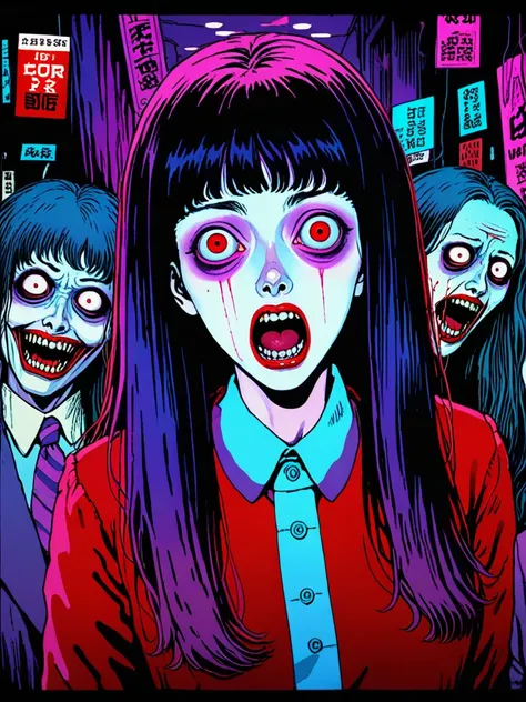 illust、art、from 80s horror movie, directed by Junji Ito、Serial killer、Killer、high detail, realsitic shadow、Analog style, vhs style, 8mm film, chromatic aberration, Dvd screengrab、Blue-purple and red-purple gradation、Surrealism、Expression of madness、Express...