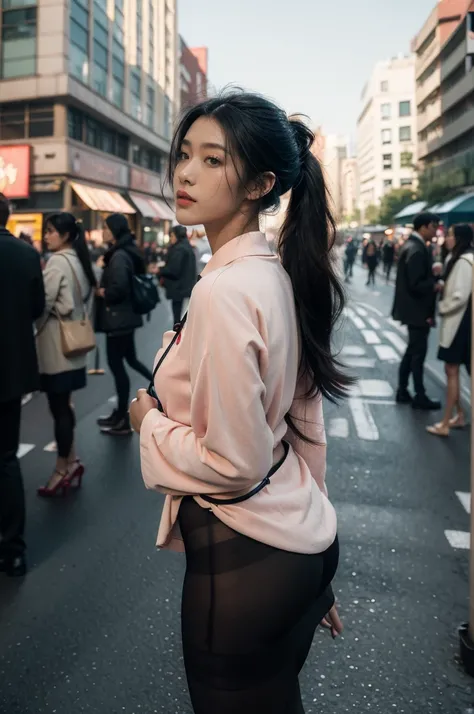 (((best quality))),(((ultra detailed))),(((masterpiece))),illustration,1girl,slim,sun-kissed skin,vibrant rose-pink cotton dress,short ponytail,pantyhose,standing, bustling city streets, honking cars,surrounded by crowded crowds, colorful advertisements,en...