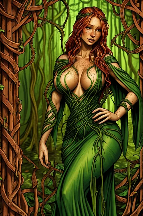 rubenesque woman, standing in a forest glade, small brook, woman, reddish-blonde, freckles, ((covered in vines)), naked, druidess, vines, robe of vines and leaves