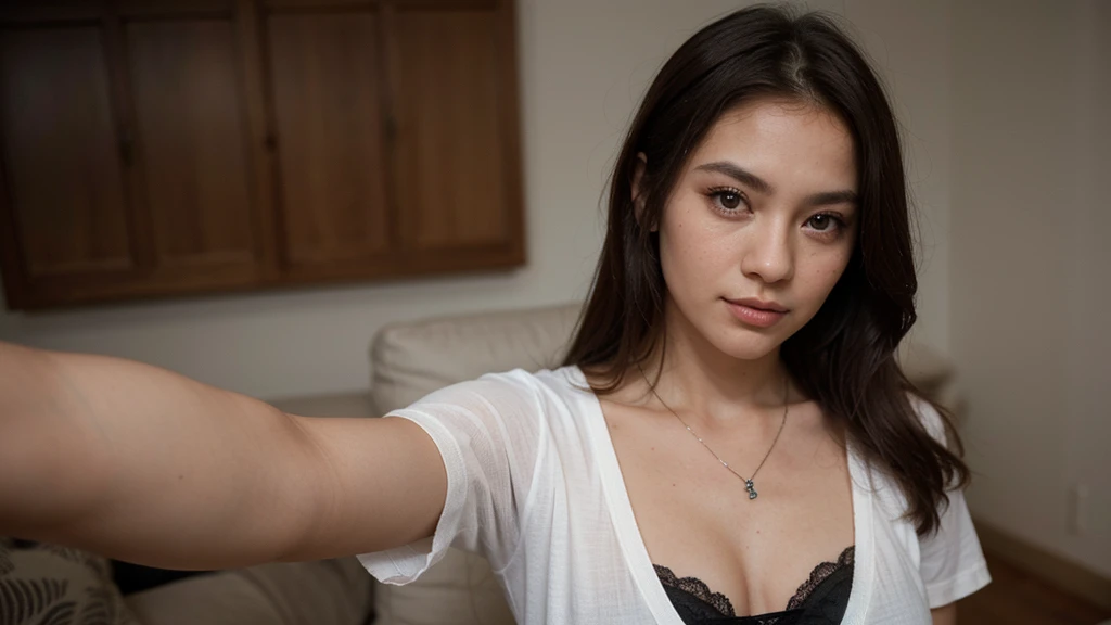 (Please generate an image of a young Filipina woman wearing a t shirt and a necklace. She has brown hair, big, black eyes, and a subtle, natural makeup look. The selfie should show her without visible makeup, and she should be looking directly into the cam...