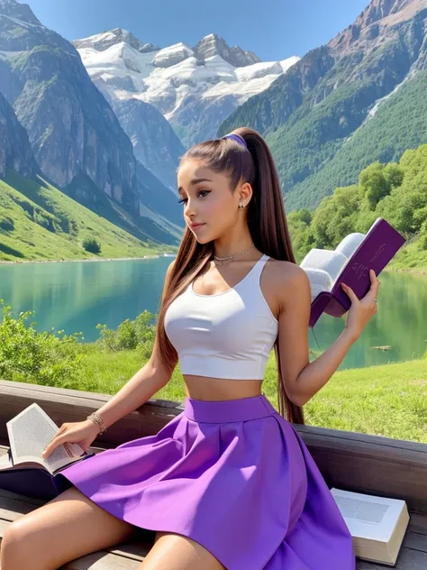 Beautiful Ariana grande,  wearing a white crop top and purple flared skirt, sitting reading a book on the bank of a blue river, with mountains in the distance.