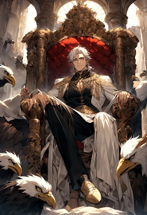 A handsome greek man with white hair, azure eyes and muscular body wearing Greek clothes sat on a throne decorated with eagles and bulls while resting one leg.

His hand is holding a thunderbolt and a lot of thunder brighting around his throne.