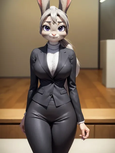 best quality, masterpiece, 3D anime, (((solo))), (((1girl))),  ((Face is JudyHopps)), (long ears like a rabbit:0.8), Heir is in a black ponytail style, Body is human lady, 	
She is a new employee, 
Hers outfit is business suit, She is wearing a black jacke...