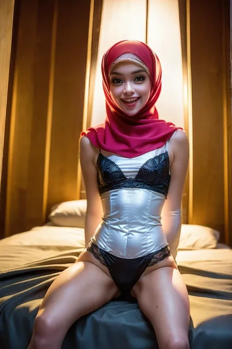 ((Hijab Stylish)), ((CUTE PUSSY)), ((LAUGH AND SMILE SWEETLY)), ((THIN)), ((Straddling)), "Naked Lingerie Bra" ((Hijab Stylish)), (Malaysia female), age 15 years old, 8K, photottorialism, G-String, ((RED LIPSTICK))