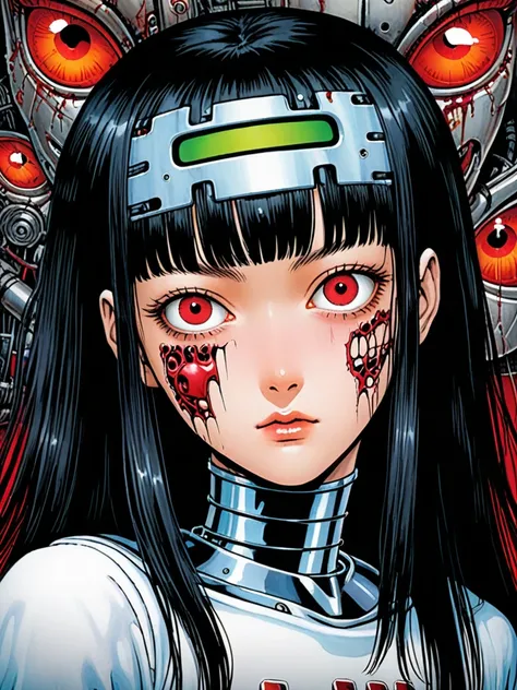 illust、art、from 80s horror movie, directed by Junji Ito、Cyborg Girl、The skin on half of the face has been torn off, revealing the robot&#39;s face.、Sci-fi horror、high detail, realsitic shadow、Analog style, vhs style, 8mm film, chromatic aberration, Dvd scr...