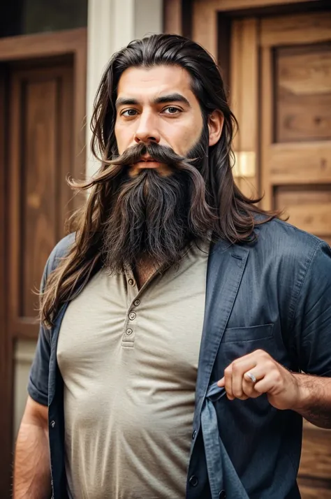 A man having funny face huge moustache and beard and long hair