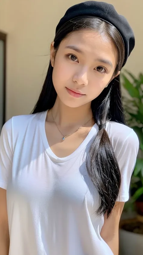 (Please generate an image of a young Filipina woman wearing a plain white t shirt a necklace and a white trucker cap. She has black hair, big black eyes, and a subtle, natural makeup look. The selfie should show her without visible makeup, and she should b...