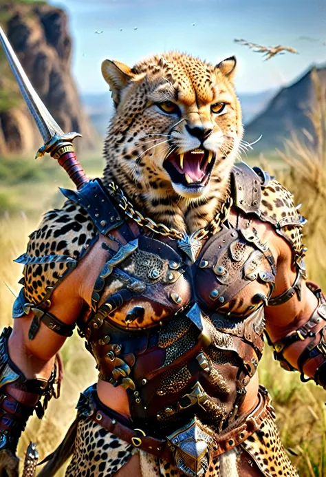 a close up portrait of male  (cheetah anthomorph: 1.5) as barbarian warrior, muscled  (cheetah anthomorph: 1.5), wearing leather...