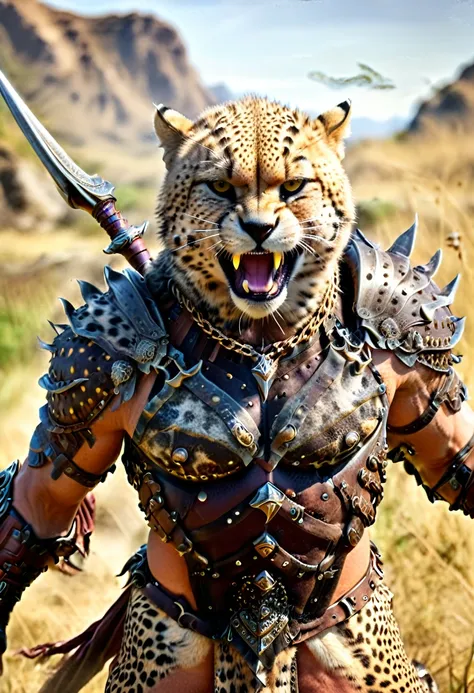 a close up portrait of male  (cheetah anthomorph: 1.5) as barbarian warrior, muscled  (cheetah anthomorph: 1.5), wearing leather...