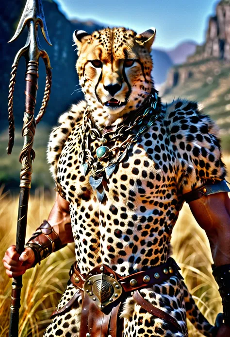 a close up portrait of male  (cheetah anthomorph: 1.5) as barbarian warrior, muscled  (cheetah anthomorph: 1.5), wearing leather...