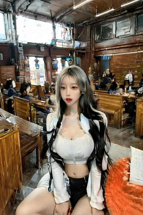 sexy korean, huge breasts, korean doll, beautiful face, crop top, college girl, (giant crowded lecture hall filled with students...