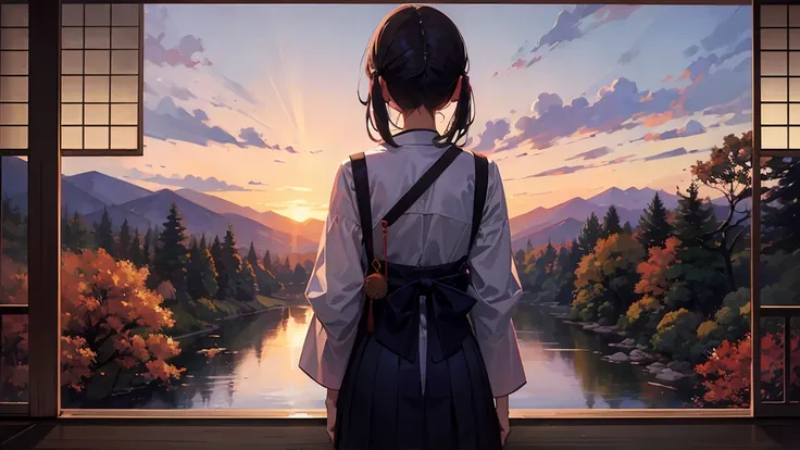 autumn evening、the back of a girl standing in the distance、japanese style、japanese landscape、transparency、emotional