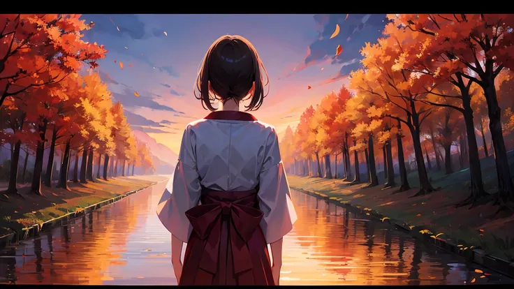 autumn evening、the back of a girl standing in the distance、japanese style、japanese landscape、transparency、emotional