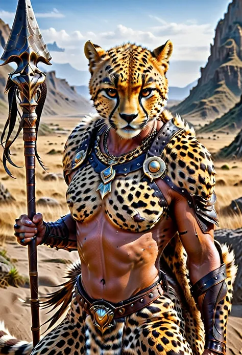 a close up portrait of male (cheetah anthomorph: 1.5) as barbarian warrior, muscled (cheetah anthomorph: 1.5), wearing leather a...