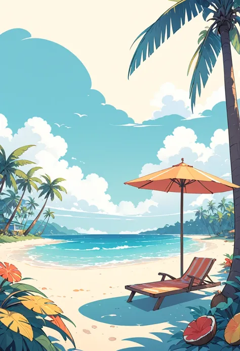 coconut tree，cartoon，summer，illustration style，flat illustrations，blue seaside，white clouds，simple picture，fresh，vibrant hues；