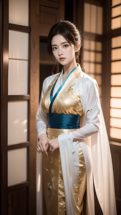 (masterpiece, best quality:1.2),1girl,Hanfu,front，Standing，（whole body：1.5），Dynamic poses，Bright eyes，Bright Eyes，Put your hands on your chest，