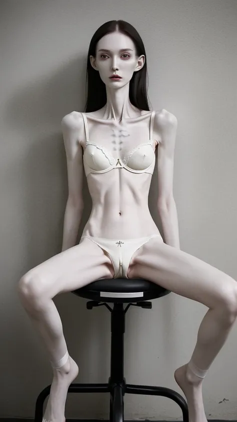 a woman, very thin body, body visible bones, very slender, pale white skin, panties, bra,tatto, full body, has a mental breakdown in an underground prison, sit on chair , crossed leg