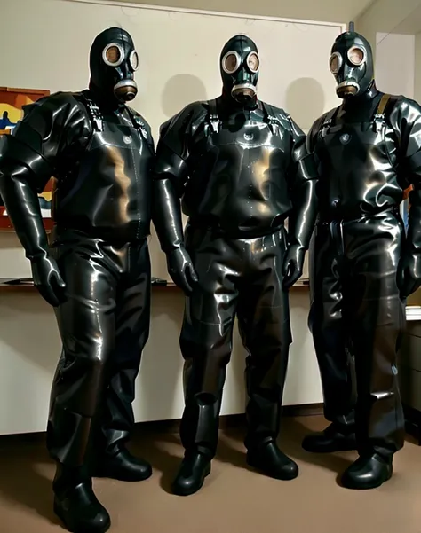 three fat men in gas masks, latex body suits and rubber aprons, clinic