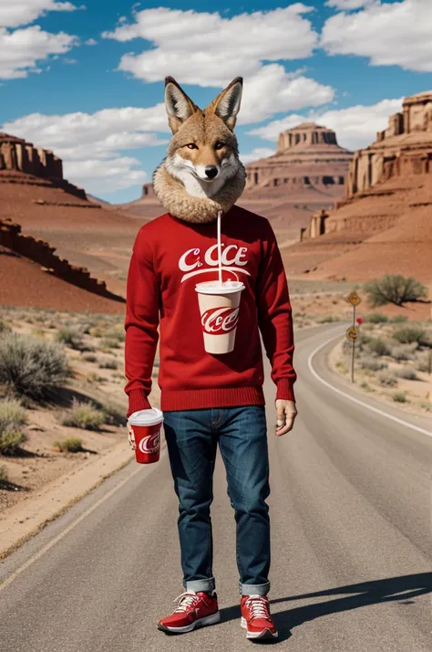 
Give me a full body “road runner” coyote cartoon design, red sweater with the initial “C” holding a cold drink that says “COYOTE ICEE”