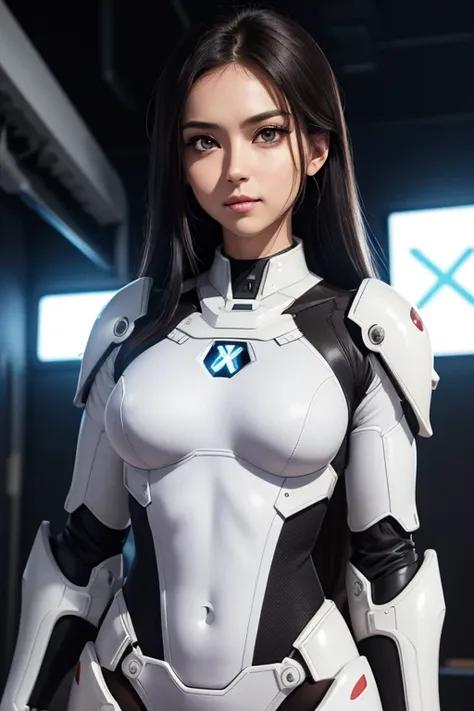 (upper body), (realistic, [anime]), (3d:0.3), dramatic lighting, ((masterpiece)),(quality),(highres), tall Lady Voidstar, [[covered abs]], ((x-ray power armor|lined bodysuit|white power armor) mechanical arms), long black hair undercut, [evil smile], small...