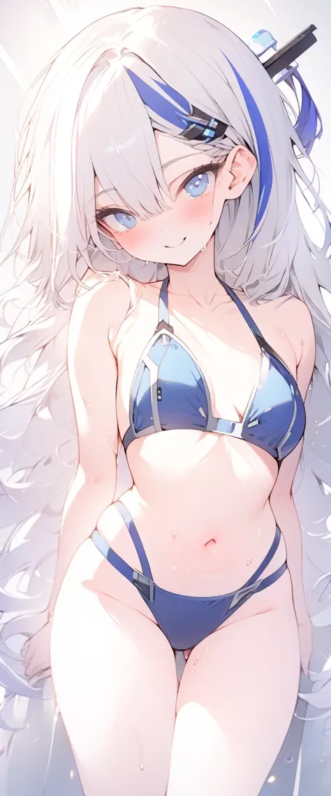 beautiful, masterpiece, Highest quality, anime, One girl, C Cup,Portrait Shot, View your viewers, Intricate details,>,((Covered、Long Hair、nearby、Blue Eyes、art、、White hair,Blue streaked hair、wallpaper、、hairpin、smile、Sci-fi bikini、Thigh、chest_Sweat