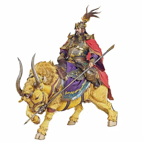 an ancient chinese warrior with beard riding a yellow furry bull with a spear,