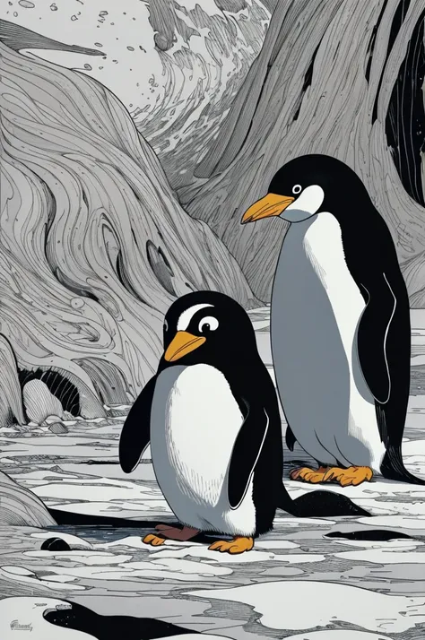 As a coloring book, white and black color, borders should be simple, clear, distinct, and thick lines, By Cartoon Style of [Penguin], waddling on [Ice], in [Antarctica], with [Aurora Borealis]