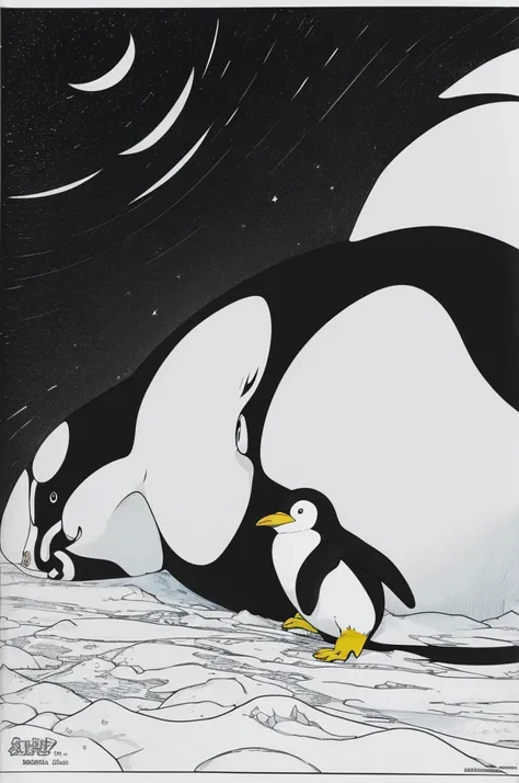 As a coloring book, white and black color, borders should be simple, clear, distinct, and thick lines, By Cartoon Style of [Penguin], waddling on [Ice], in [Antarctica], with [Aurora Borealis]