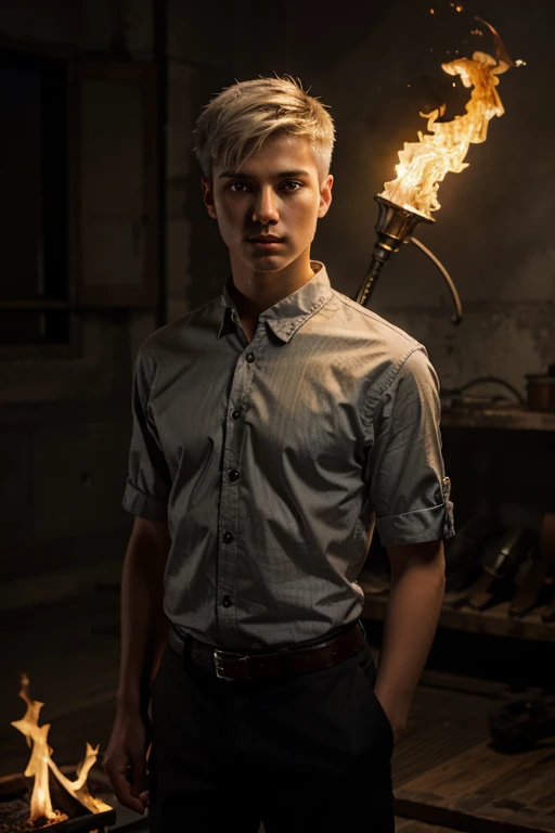 High detail, clarity, 8kk, young guy, 18 years old, light gray hair, short haircut, yellow eyes, standing on fire, realism, fantasy,