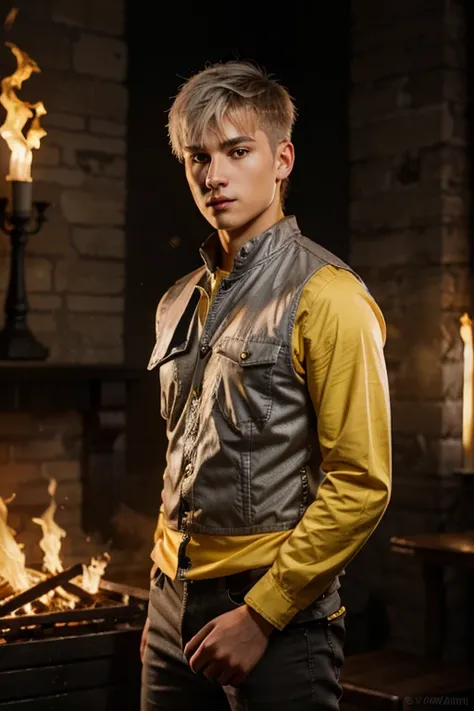 High detail, clarity, 8kk, young guy, 18 years old, light gray hair, short haircut, yellow eyes, standing on fire, realism, fantasy,