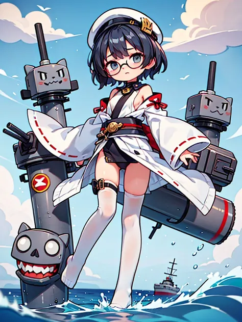 ((((Full body of a woman with perfect flat chest、Short unkempt black hair、white military jacket、Miko costume、tights、Black glasses、White military cap、Cloudy eyes、Sleepy expression)))), (((masterpiece))), (((Shipgirl))), ((Floating on the morning sea with bo...