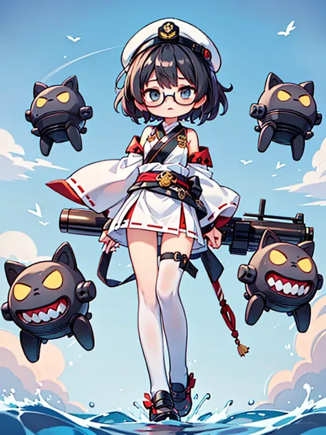 ((((Full body of a woman with perfect flat chest、Short unkempt black hair、white military jacket、Miko costume、tights、Black glasses、White military cap、Cloudy eyes、Sleepy expression)))), (((masterpiece))), (((Shipgirl))), ((Floating on the morning sea with bo...