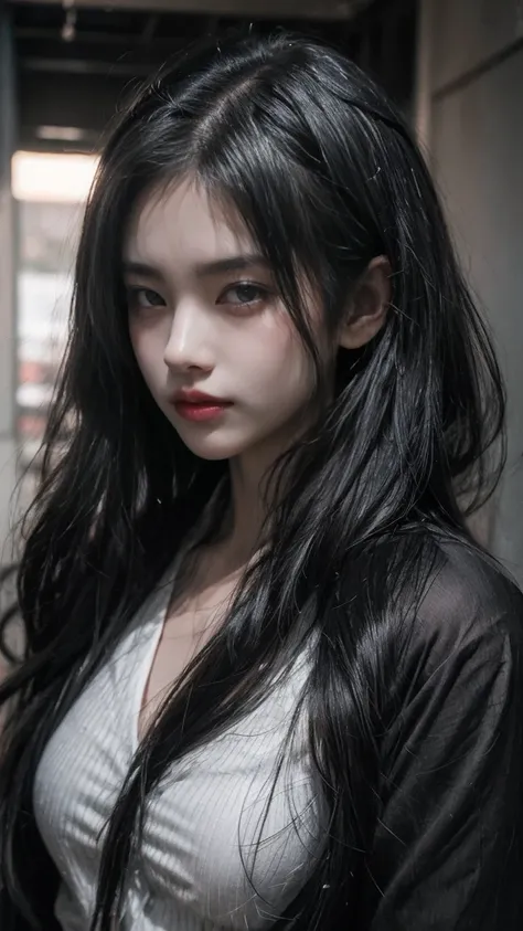 21yo girl,black hair,long hair, wearing uniform Attack on Titan,single sidelock hairpin blush modern cinematic lighting,ray tracing,drop shadow wide shot UHD,textured skin,high details,best quality 4K