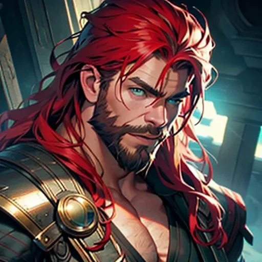 (masterpiece), 8K CG, Intricate details, chromatic aberration, ((Bust Shot)), ((View your viewers)), 1 person (Green Eyes, Long Red Hair, Thick beard, Chris Hemsworth, Thor&#39;s Armor, lightning), ((Scarlet Fox Ears)), Strong Face, Handsome face, Frowning...