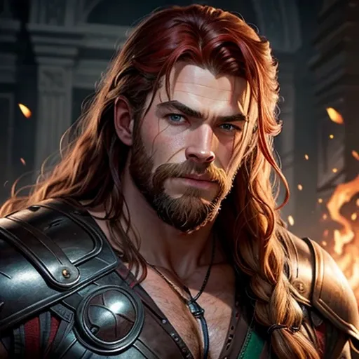 (masterpiece), 8K CG, Intricate details, chromatic aberration, ((Bust Shot)), ((View your viewers)), 1 person (Green Eyes, Long Red Hair, Thick beard, Chris Hemsworth, Thor&#39;s Armor, lightning), ((Scarlet Fox Ears)), Strong Face, Handsome face, Frowning...