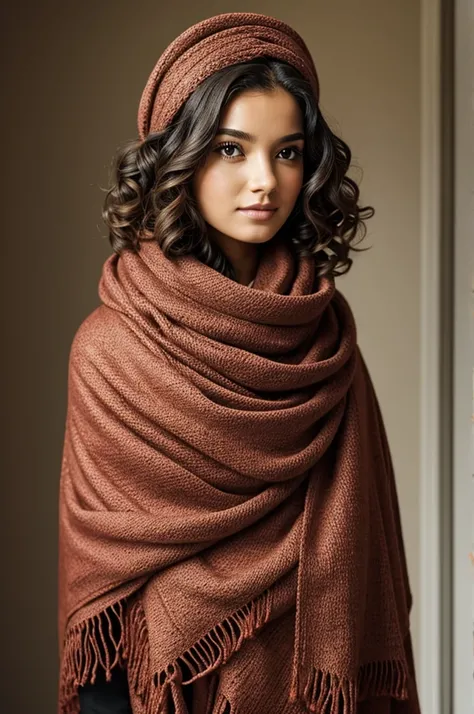 A very wide shawl on the head that shows the curly hair