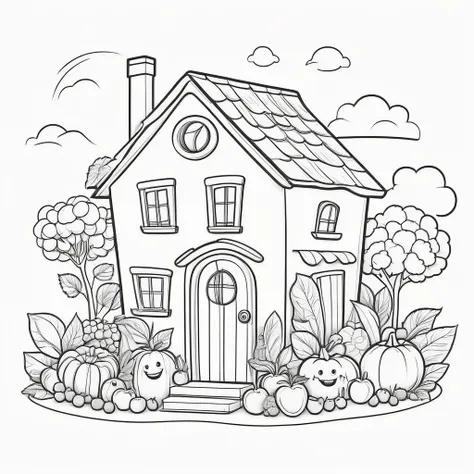 Cute house made from fruit and vegetables, coloring page for kids, happy, smiling, vector art, minimalistic, vector 2d, black lines white background, coloring page for beginners, vector illustration, pencil strokes, no color, drawing for coloring, white ba...