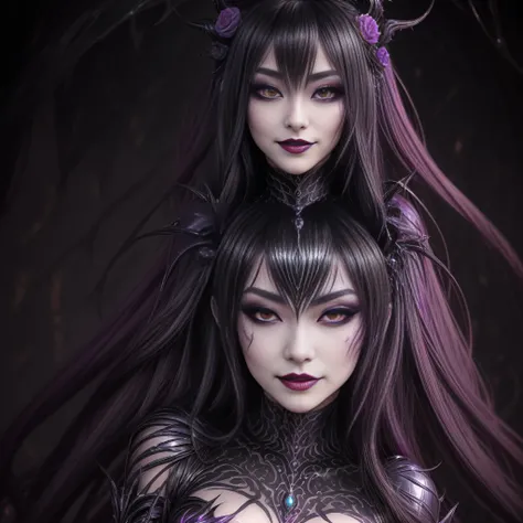 Esoteric arachnids lady, Spider Queen Elise, League of Legends, Esoteric arachnids, Combat Stance, ( The body is made of metallic mauve and metallic black liquid metallic paint.、It beautifully depicts the female form.。), Long, sharp fangs, nature, ((Comple...