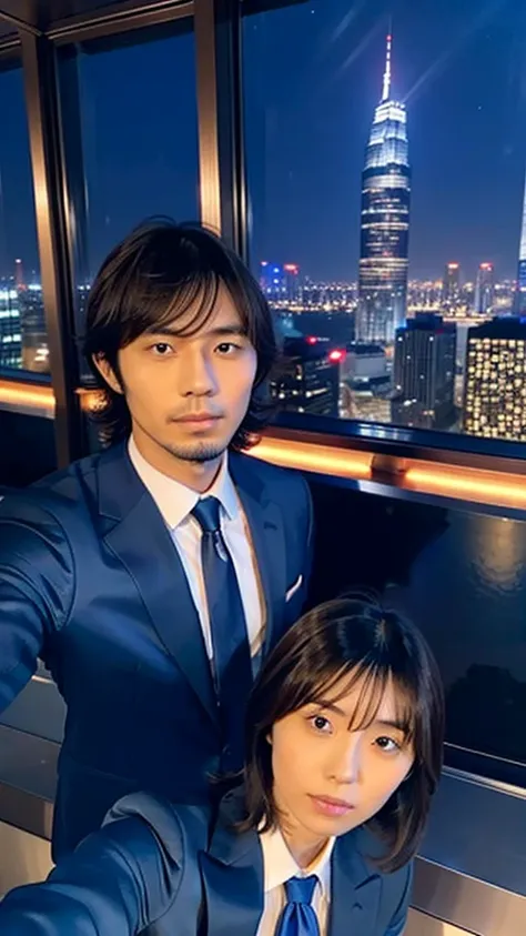 Kikuchi Hina takes a selfie with a man with long bangs and wolf hair., Night view from skyscrapers, Blue suit and tie