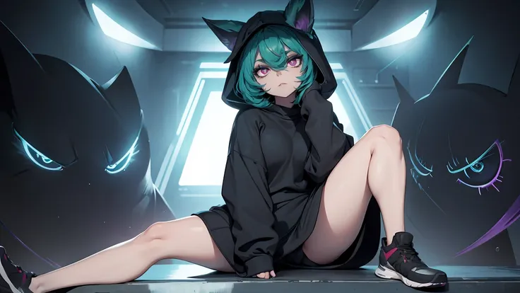 girl, large black sweatshirt, sitting posture, calm look, Sitting in front, legs open, a dark room, evil eyes, glowing skin, Looking ahead, facial expression