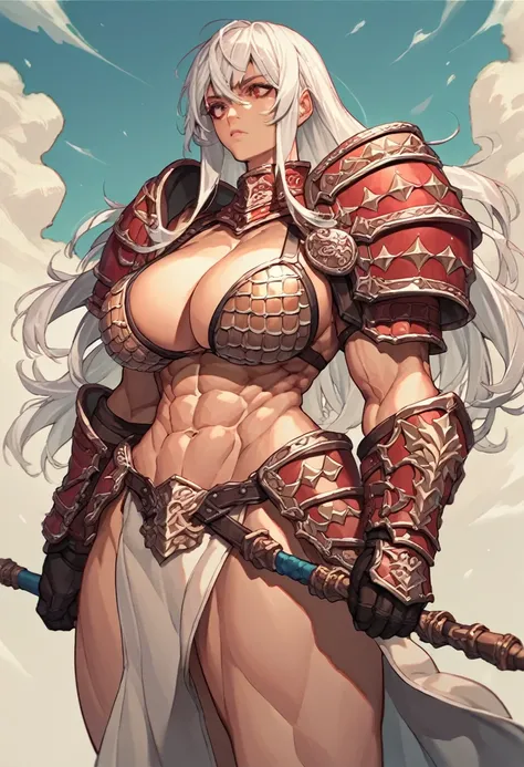 score_9, score_8_up, score_7_up, score_6_up, score_5_up, score_4_up, source_anime, 1girl, white hair, long hair, red eyes, (ornate armor), bikini armor, cleavage, abs, curvy, huge breasts, (wide hips:0.9), (toned female:0.5)