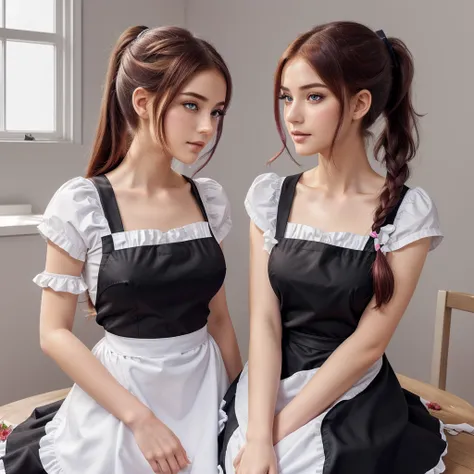 masterpiece,(best quality, illustration,detailed face:1.3),(1girl,solo:1.3),beautiful detailed eyes,  apron, gradient_background, gradient, maid, purple eyes,red hair,small breasts,, BREAK, enmaided, white_apron, black_dress, ponytail, black_footwear, fril...