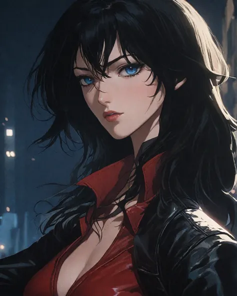 Flat-colored still of a (One Person:1.6), (A Gorgeous 25 Years Old British Female Vampire Mercenary), (Wavy Bobcut Black Hair:1.4), (Pale Skin:1.4), (Sapphire Blue Eyes), (Wearing Red Leather Jacket, Black V-Neck Inner Shirt, and Black Tight Pants:1.4), (C...