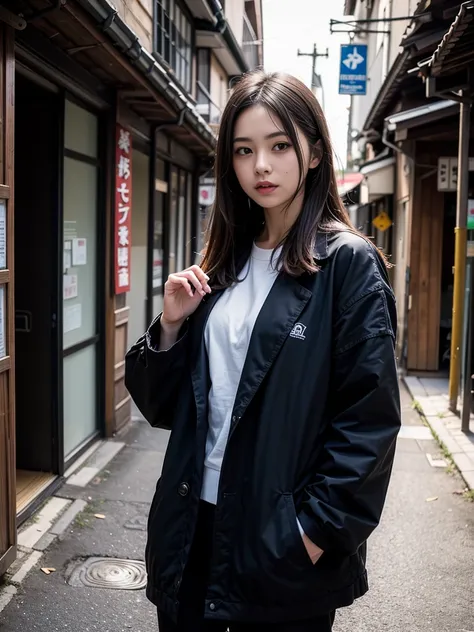 Best quality, masterpiece, ultra high res, (photorealistic:1.4), 1girl, in the dark, deep shadow, low key, (photorealistic:1.4), slim body, undone hair, japanese street alley, dynamic pose,adolescence,cute