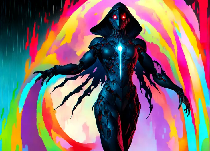 masterpiece, cyborg, The body is glamorous、, Wearing a hood, Shrouded in shadow, , Positano colours, Completely in frame, whole body, Emits electrical energy, whole body, Beautiful anime waifu style man, Ultra-detailed CG paintings, Luminism, Art by Kahn G...