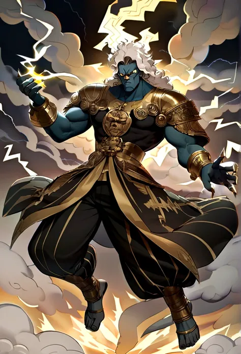 Full body with toes (zeus god), smoke skin,Hair flying, lightning bolt in hand, face fierce and angry