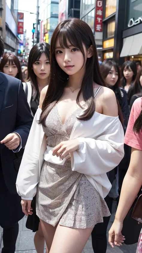 crowd, Photo of beautiful Japanese idols in Shibuya.、The dress with a large open chest area、Drape skirt