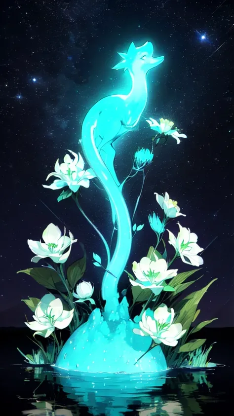 girl, Solitary, masterpiece, best quality,, Stand on the water, Reflective surface, , Animal ear fluff, (poster:0.76), (Palm leaves),  White flowers, (Neon indigo glow:1.2), night, Dark theme, Starry Sky,  (Bioluminescence), Vague,