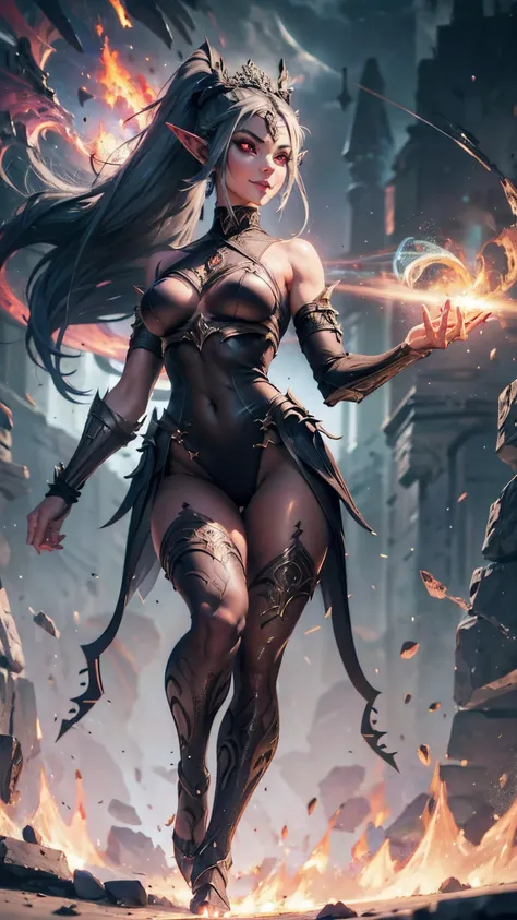 Full body, 1woman, 30 years old, sexy queen of hell, busty, A beautiful athletic dark elf, fit body, elven ears, grey skin, Grey skin, Red eyes: 1.4, see through sheer lowleg panties,  cinematic lighting, fantasy theme, highly detailed, incredibly long bla...