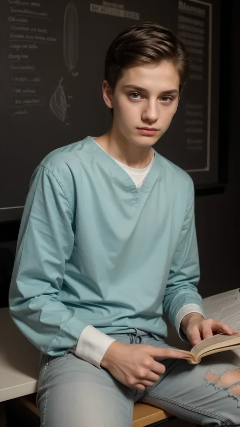 A young male twink, cute, beautiful, feminine, with a beautiful face with makeup, black hair, and his eyes have dark circles under them. He is wearing a long-sleeved aquamarine shirt and white jeans. He is in the College of Medicine, studying on the blackb...